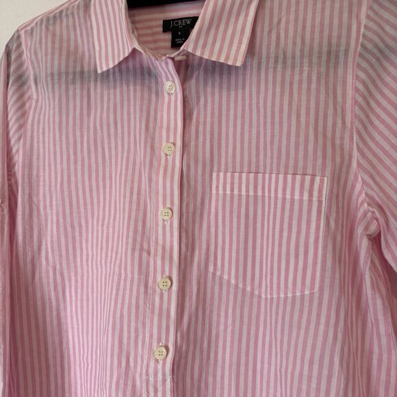 J.Crew Striped Long-Sleeve Stand Collar Half-Button-Down Pink-White Shirt - Picture 4 of 6